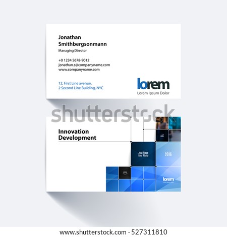 Vector business card template with blue rectangular shapes, squares, lines, rounds for IT, business, building. Simple and clean design. Creative corporate identity layout.