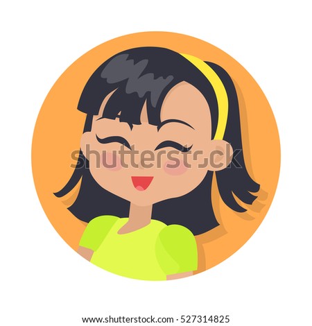 Smiling girl with black bob haircut avatar userpic. Dark forelock. Portrait of nice female person in bright blouse. Closed eyes. Simple cartoon style. Front view. Flat design. Vector illustration