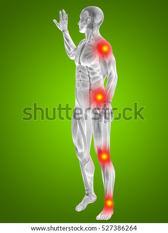 3D illustration of human or man with muscles and articular or bones pain on green background metaphor to health, medicine, medical, biology, osteoporosis, arthritis, joint, disease inflammation ache