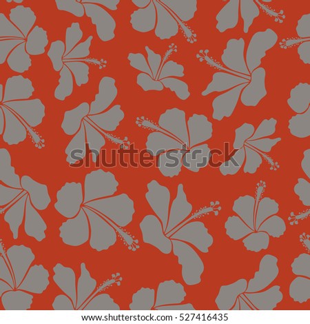 Design in orange and gray colors for invitation, wedding or greeting cards, textile, prints or fabric. Floral seamless pattern hibiscus flowers. Vector hibiscus floral pattern. Watercolor style.