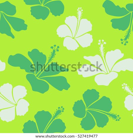 Vector of tropical hibiscus flowers in neutral and green colors with watercolor effect.