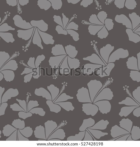 Gray hibiscus flowers in a trendy vector style. Hawaiian tropical natural floral seamless pattern in gray colors.