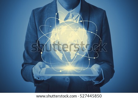 duo tone graphic of business person and worldwide network concept visual