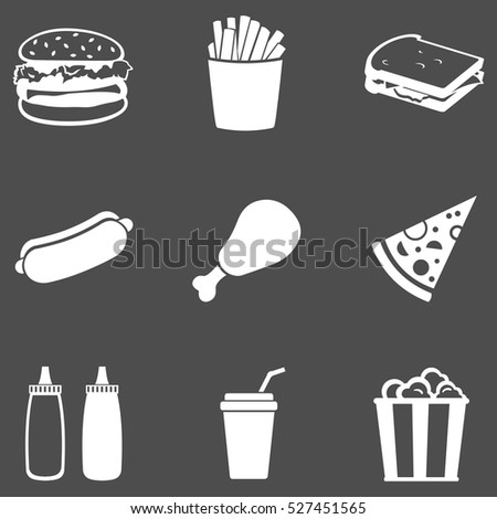 Vector Set of Fast Food Icons.  Fast Food. Junk Food. Hamburger, French Fries, Sandwich, Hot Dog, Chicken, Sauces, Beverage,  Popcorn.