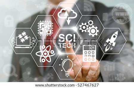 Business sci-tech stem science technology engineering math industrial concept. Sci Tech computing internet education web icon. Man presses modernization innovation strategy planning industry button.