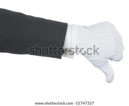 Butler's gloved hand making thumbs down gesture isolated over white. Hand and arm only in horizontal format.