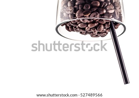 Coffee Beans and Straw coffee in glass isolated on white background area for copy space.Concept crazy coffee area for copy space.