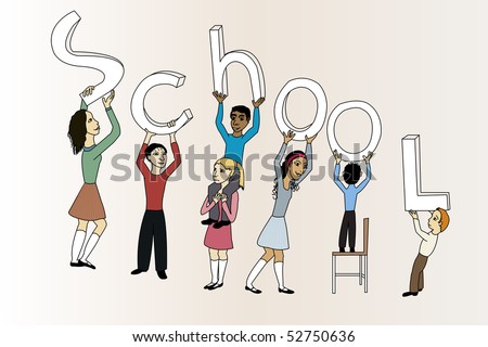 school children holding up letters saying the word school.