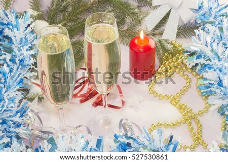 Christmas card with Christmas tree and decorations. Festive Christmas card, beautiful champagne glasses