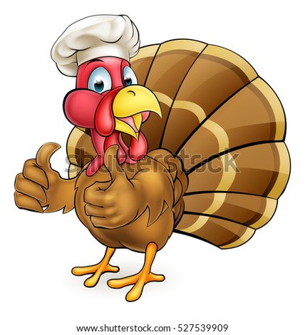 Cartoon Thanksgiving or Christmas turkey bird wearing a chef hat and giving a thumbs up
