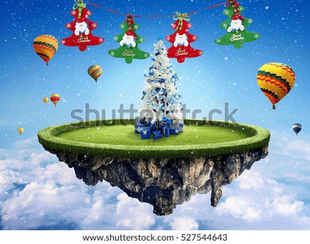 Amazing fantasy scenery with floating islands with white Christmas tree, hot balloons and decoration