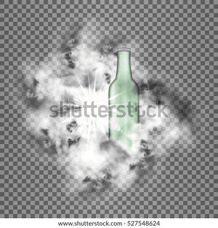 An empty green bottle with transparency and space for your text or image logo in a cloud of smoke with a bright flash. Isolated objects.