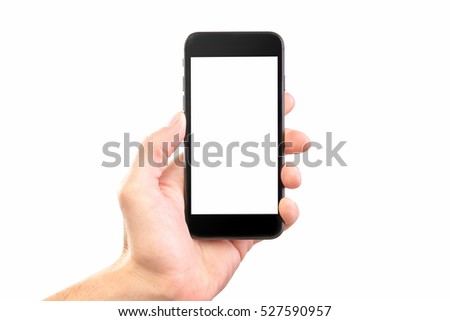 Male hand holding black cellphone isolated at white background mockup.