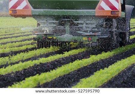 Agriculture - A farmer spraying fertilizer on his carrots Royalty-Free Stock Photo #527595790