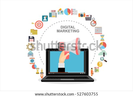 Hand holding megaphone coming out from laptop, digital marketing vector concept. Vector flat design illustration. 