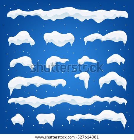 Snow caps, snowballs and snowdrifts set. Snow cap vector collection. Winter decoration element. Snowy elements on winter background. Cartoon template. Snowfall and snowflakes in motion. Illustration. Royalty-Free Stock Photo #527614381