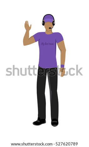 Cartoon soccer referee in black and violet uniform and violet hat. Speaking into lip-ribbon microphone. Main referee. Judging the competition. Football match. Flat referee icon. Football logo. Vector