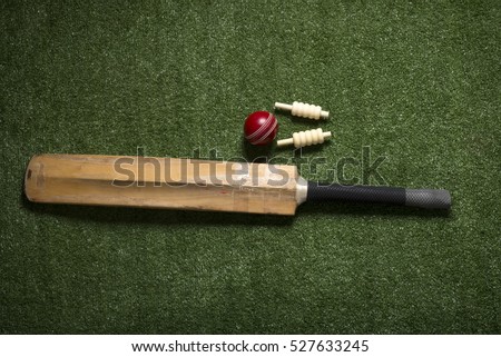 Cricket ball, bat and bails on lawn with copy space