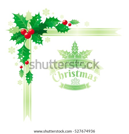 Merry Christmas and Happy new Year corner border banner with holly berry leaf. Text lettering logo. Isolated xmas white background. Abstract poster, greeting card design template. Vector illustration