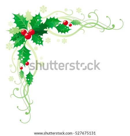 Merry Christmas, Happy new Year square corner banner frame border with holly berry leafs. Isolated xmas white background. Abstract poster, greeting card design template. Vector illustration Christmas.