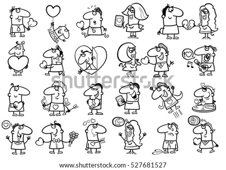 Black and White Cartoon Illustration of Funny People on Valentines Day Time Characters Set Coloring Page