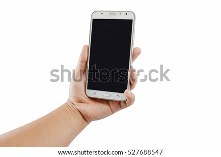 Hand to hold mobile phone isolated on white background
