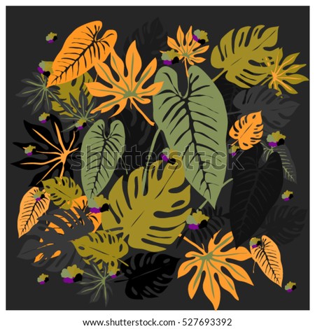 vector graphical tropical leaves bright pattern with vibrant texture in pop art style, modern summer background allover print. split leaf, philodendron, monstera leaves