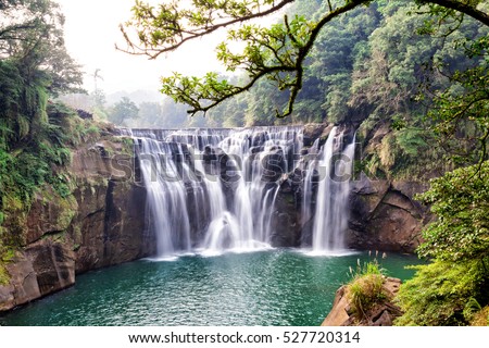 waterfall, green mountain, tree and lake