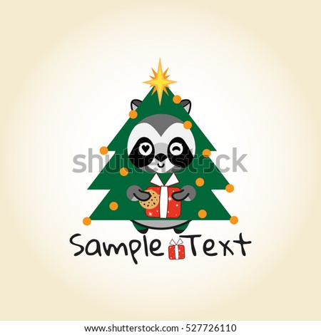 Vector cartoon illustration, flat style. Cute raccoon in Christmas tree masquerade outfit, with cookie and present. Template for logo or banners