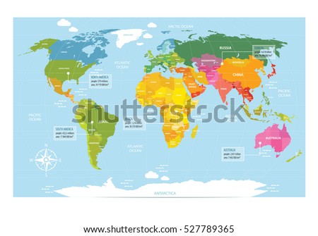 Vector map of the world with countries. America, Eurasia, Australia, Africa, Antarctica. It can be used as a poster for teaching children.