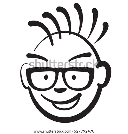 Stick figure business punk head, vector drawing on white background
