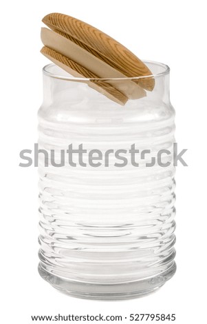 Empty glass jar with lid from wood, isolated on white, with clipping path