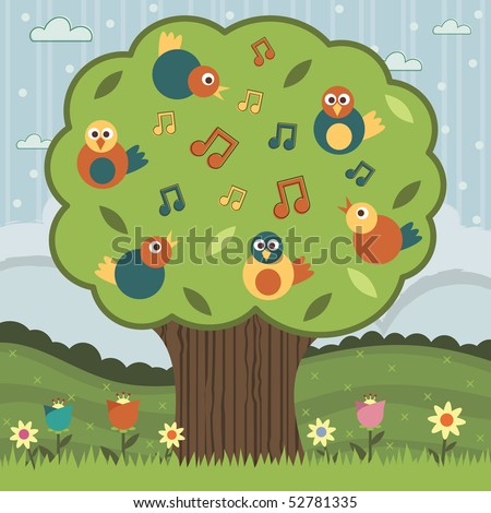 landscape background with big tree and song birds