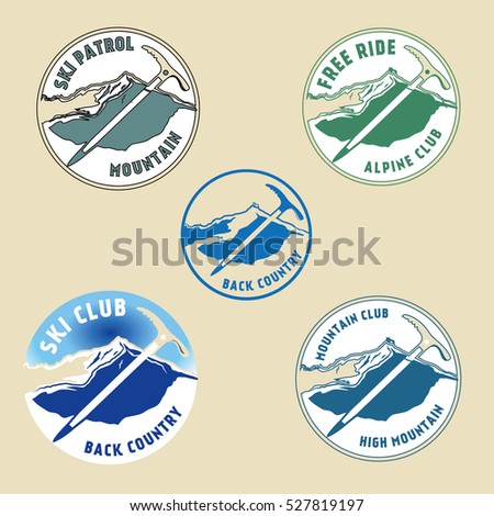 Vintage mountaineering and arctic expeditions set of  logos, badges, emblems and design elements. Vector illustration of mountain and pick axe