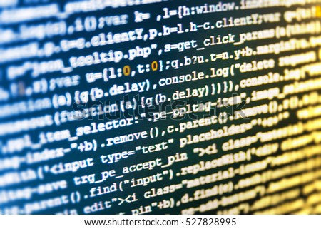 Monitor closeup of function source code. Binary digits code editing. Programming of Internet website. Javascript functions, variables, objects. Script procedure creating. 
