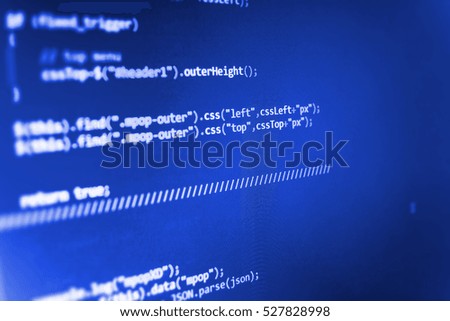 WWW software development. Programming of Internet website. Displaying program code on computer. Internet security hacker prevention. Mobile app developer. Source code close-up. 
