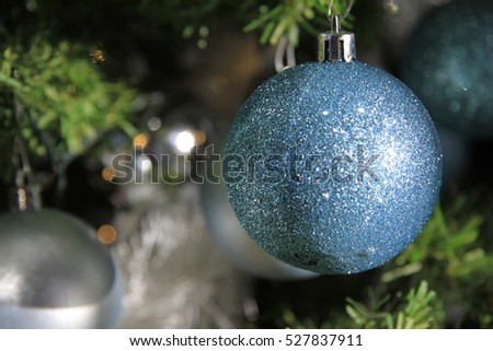 Blue and Silver Christmas or Xmas ball ornaments hanging on Christmas or pine tree branch