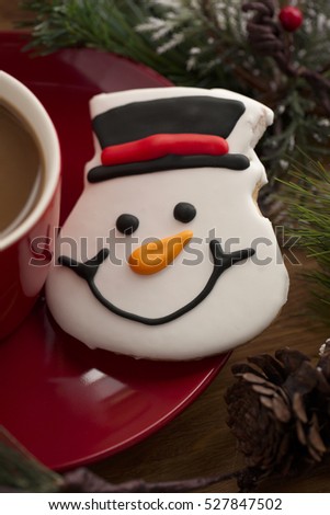 Snowman and hot coffee Christmas themed holiday background