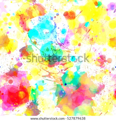 Bright paint artistic colorful splashes background with watercolor effect. Yellow, white, red, green, blue.