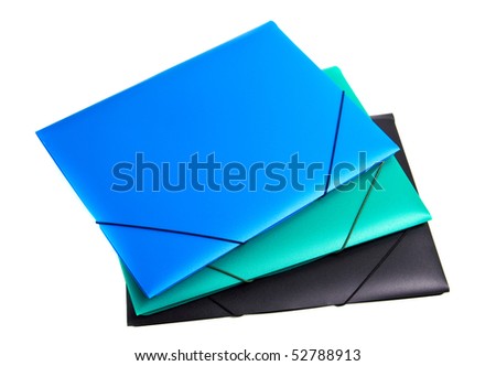 three colored plastic files white isolated