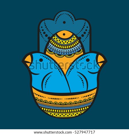 Hamsa hand and birds in the nest. ?and of Fatima, vector illustration