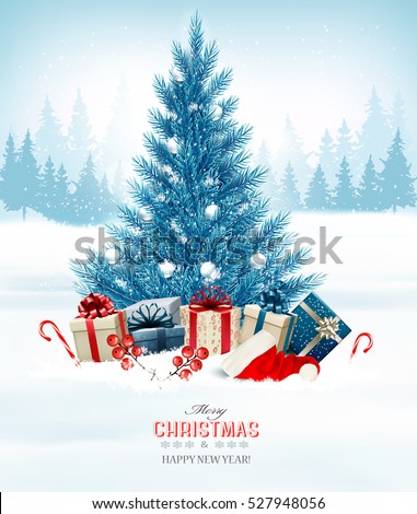 Holiday background with a blue Christmas tree and presents with santa hat. Vector
