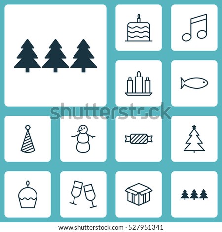 Set Of 12 Holiday Icons. Can Be Used For Web, Mobile, UI And Infographic Design. Includes Elements Such As Birthday Hat, Fishing, Open Cardboard And More.