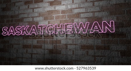 SASKATCHEWAN - Glowing Neon Sign on stonework wall - 3D rendered royalty free stock illustration.  Can be used for online banner ads and direct mailers.
