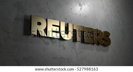 Reuters - Gold sign mounted on glossy marble wall  - 3D rendered royalty free stock illustration. This image can be used for an online website banner ad or a print postcard.