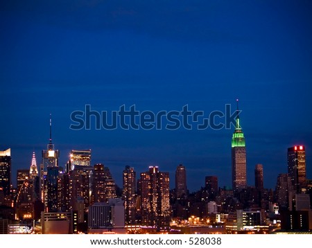This is a shot of the New York City skyline in the evening.