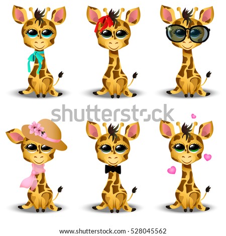 Very high quality original trendy vector set with cute giraffe baby or calf with ribbons, hats, glasses and hearts