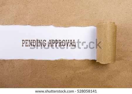 Torn brown paper on white surface with "PENDING APPROVAL" word. Business concept