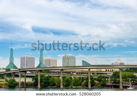Cityscape of Portland, Oregon of convention center and infrastructure near the Willamette River