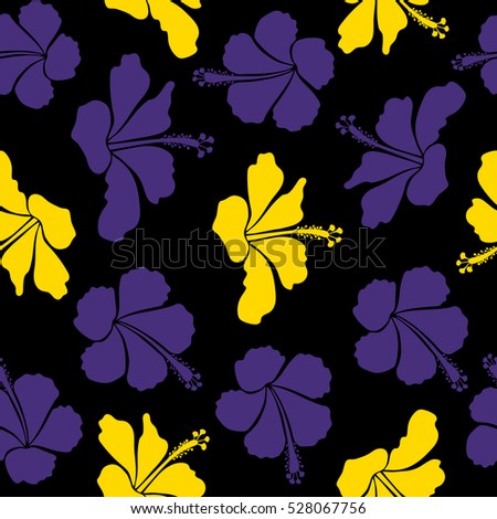 Watercolor painting effect, illustration of a hibiscus flower, blossom with multicolored leaves isolated hand drawn on black background. Hibiscus flowers in yellow and violet colors.